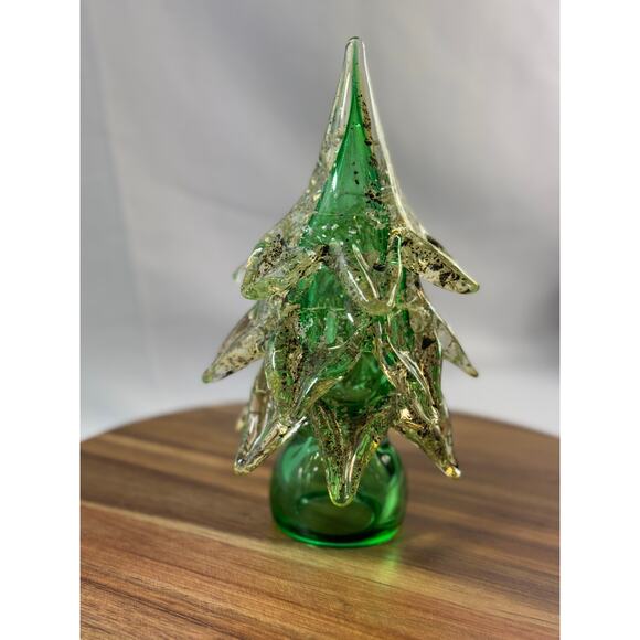 Handblown Murano Glass Christmas Tree – 8.5" Green & Gold Italian Blown Glass - Picture 3 of 8